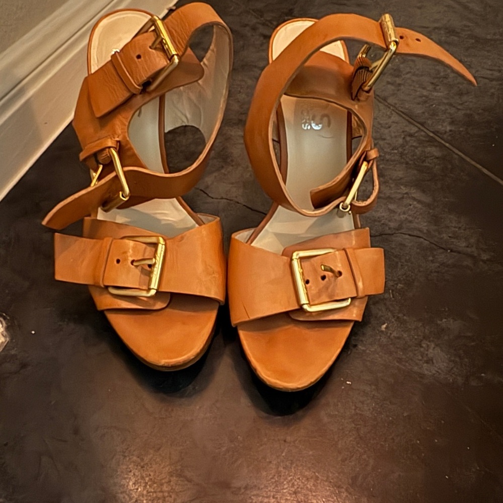 Michael Kors Tan Leather Sandals with Gold Buckles